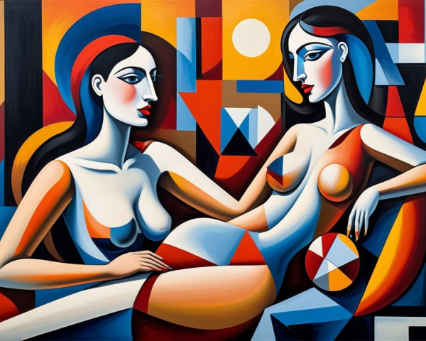 Stylized Figures in Vibrant Colors and Geometric Background