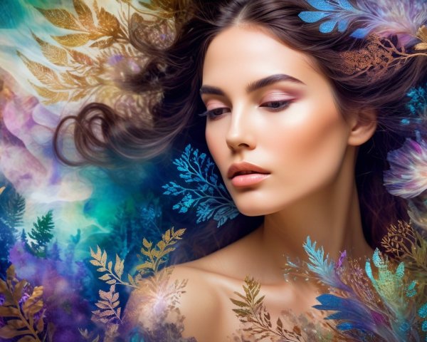 Serene Portrait of a Woman with Floral Patterns