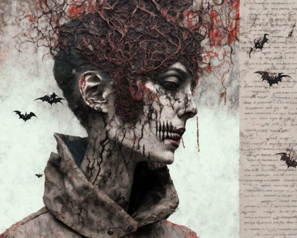 Surreal Portrait with Dark Roots and Eerie Expression