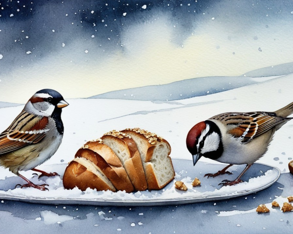 Sparrows Foraging on Bread in a Snowy Landscape