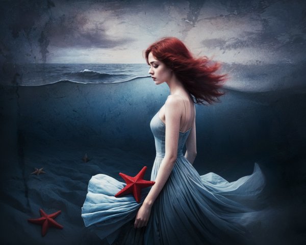 Young Woman in Pale Blue Gown Underwater Scene