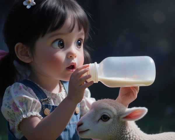 Young girl with bottle and lamb in sunny setting