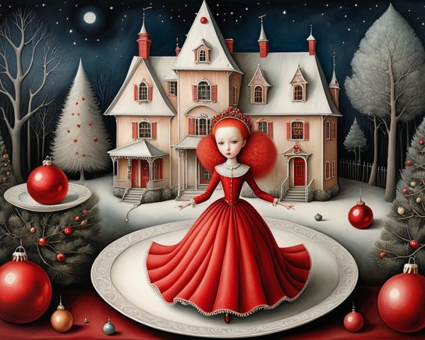 Whimsical Winter Scene with Doll and Mansion Decor