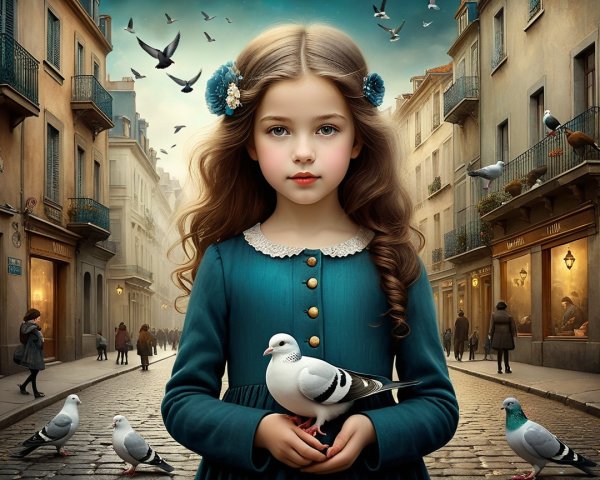 Young girl in teal dress with pigeon on cobblestone street