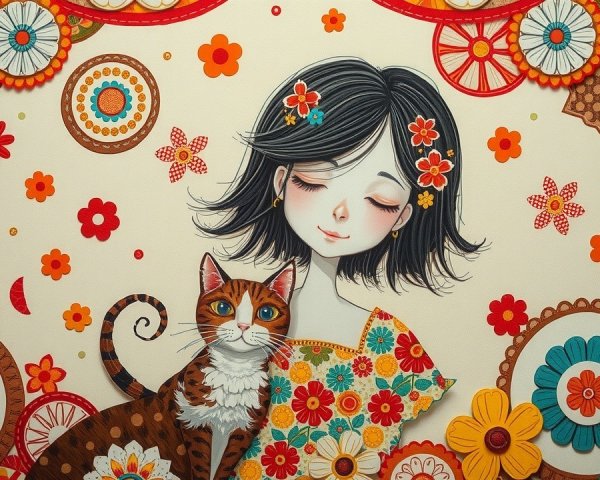 Whimsical Illustration of Girl and Cat in Floral Scene