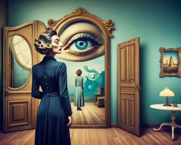 Elegant Woman Before Ornate Mirror in Surreal Setting