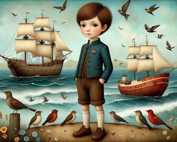 Young boy in blue jacket on shore with ships and birds