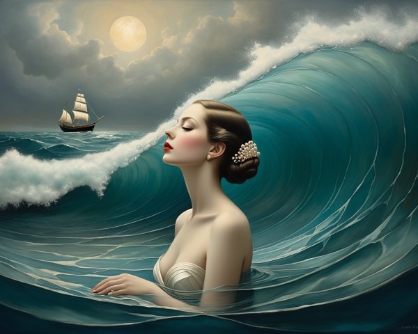 Serene Woman in Vibrant Ocean Waves Under Moonlight