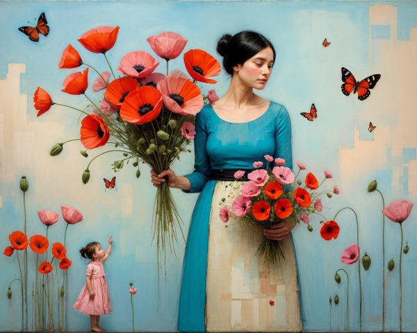 Woman in blue dress with vibrant flower bouquets