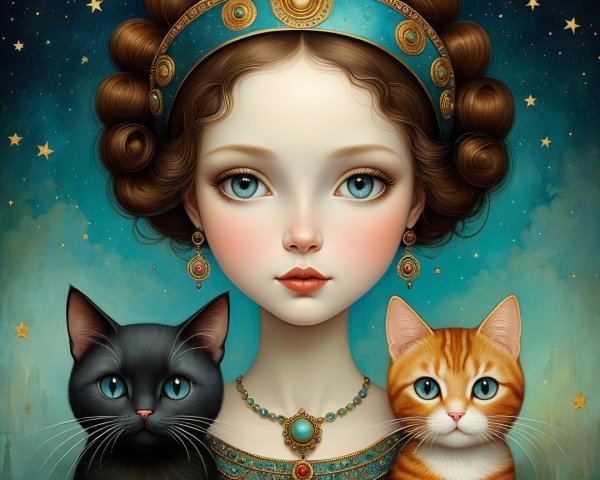 Young girl with blue eyes and cats in starry background