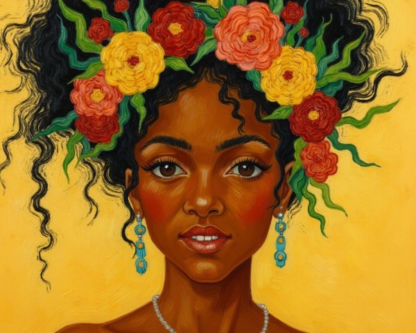 Portrait of a Young Woman with Flowers and Yellow Background