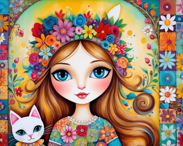 Colorful Portrait of Girl with Floral Crown and Cat