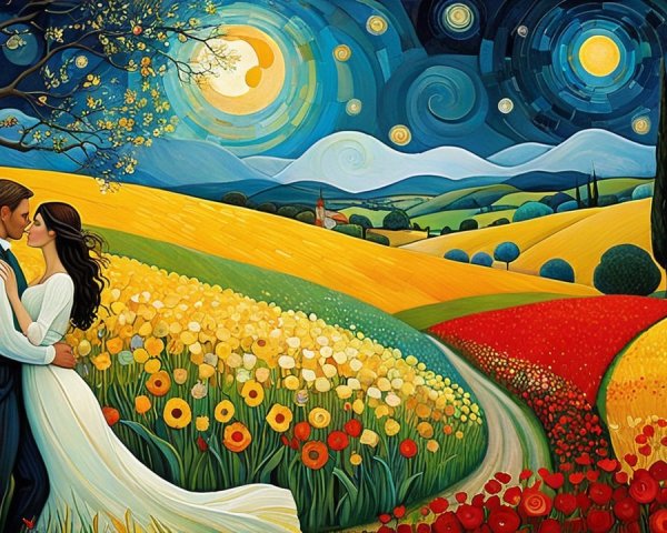 Couple Embracing in Colorful Flower Field Landscape
