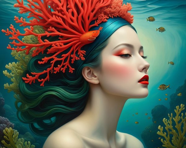 Underwater Scene with Woman and Colorful Marine Life