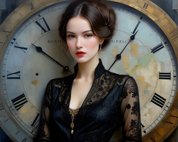 Elegant Woman Posing by Vintage Clock in Lace Outfit