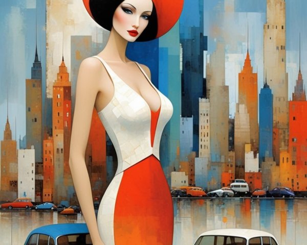 Stylish Woman in Vibrant Dress with City Skyline Backdrop