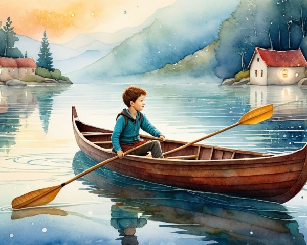 Watercolor Scene of Boy Rowing Canoe at Dusk