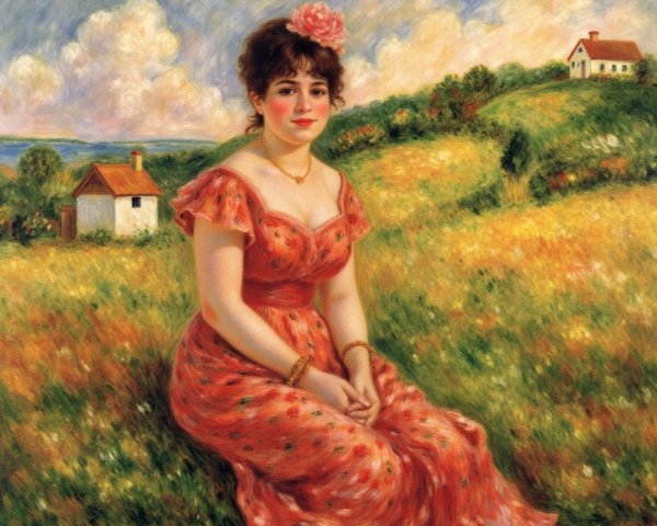 Young woman in floral dress in a lush green field