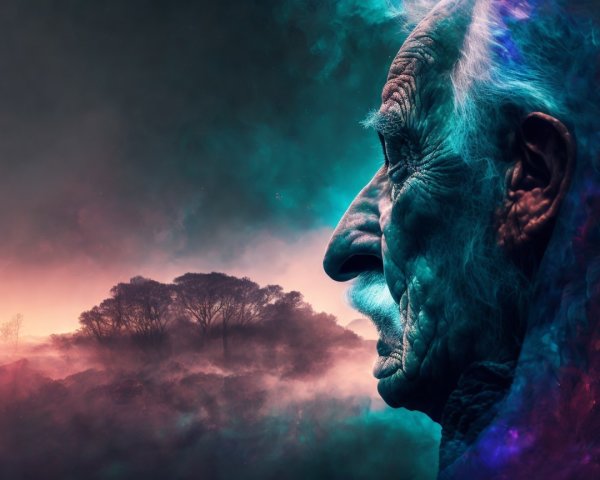 Elderly Man Profile in Mystical Colorful Landscape