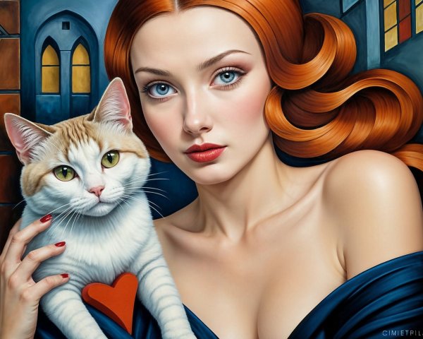 Portrait of a woman with red hair and a cat