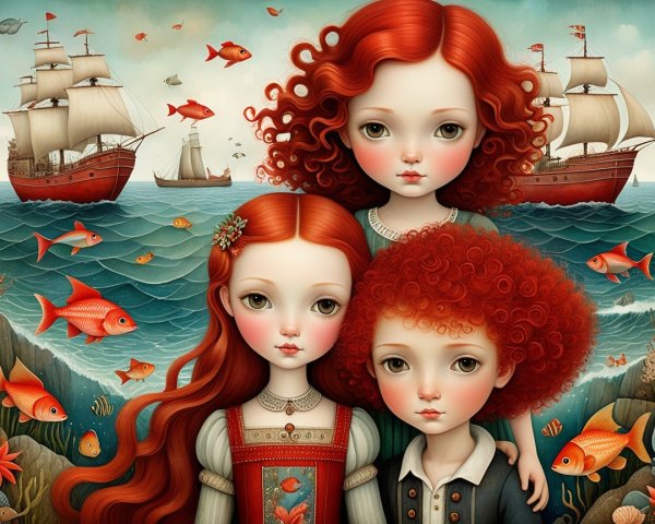 Whimsical Children in a Fantastical Seascape