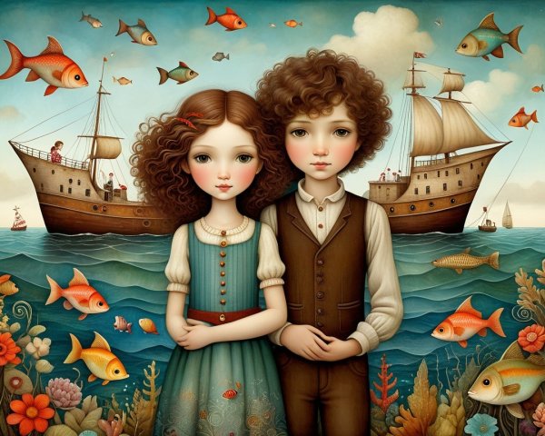 Children with Curls in Whimsical Sea Setting