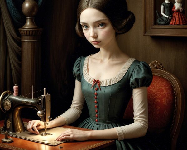 Young girl sewing at vintage machine in warm setting