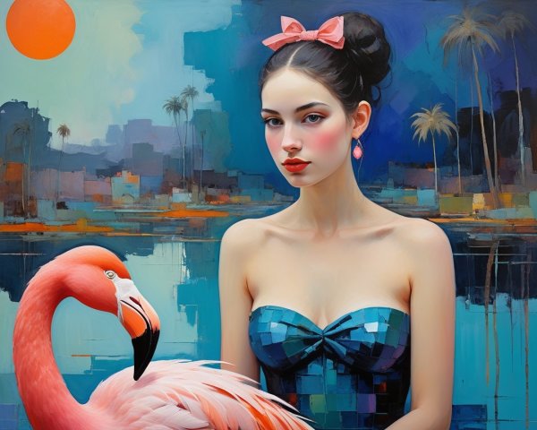Colorful painting of a woman with a flamingo backdrop