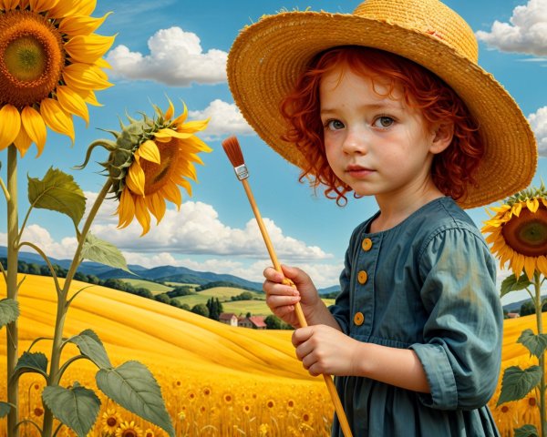 Young Girl in Blue Dress Among Sunflowers in Field