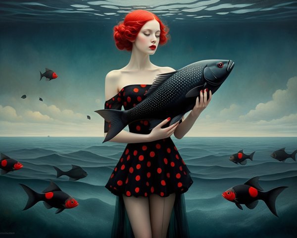 Surreal Underwater Scene with Woman and Fish