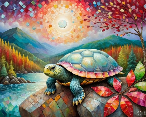 Vibrant Landscape with Colorful Turtle by River