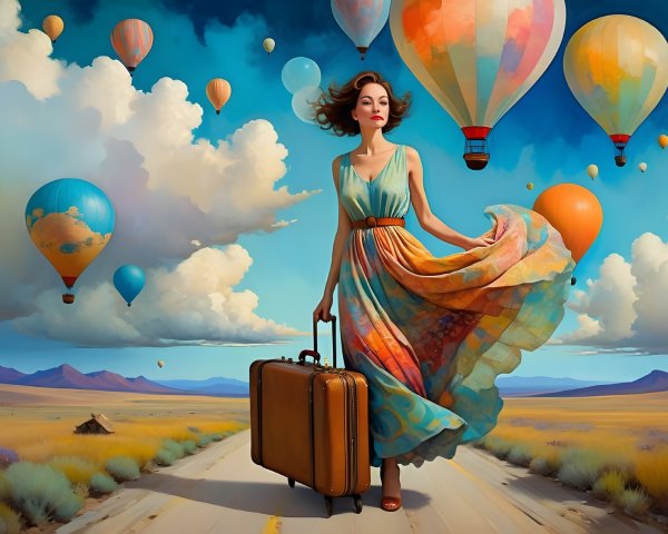 Woman in Colorful Dress on Road with Hot Air Balloons