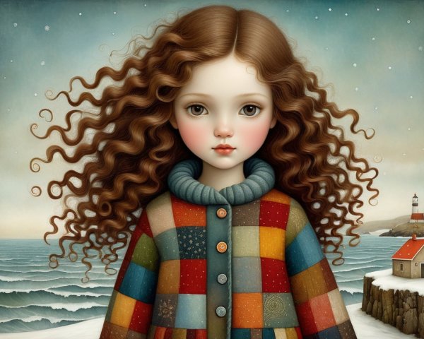Young girl in colorful coat by serene seascape