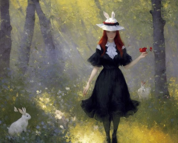 Whimsical Forest Scene with Girl and Playful Rabbits