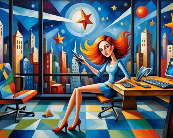 Colorful Illustration of a Woman at Modern Office Desk