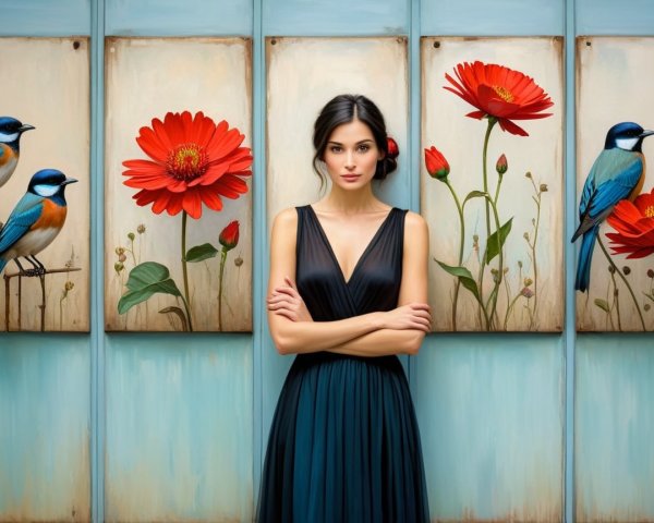 Woman in Black Dress Against Colorful Mural Background