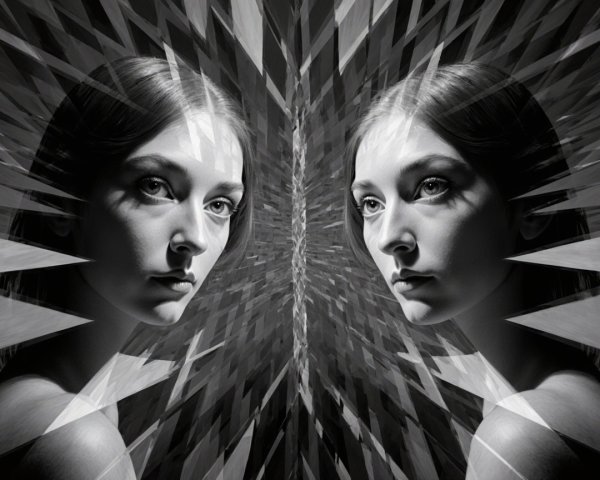Black-and-white portrait of mirrored ethereal faces