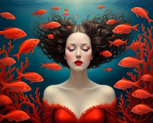 Underwater Scene of a Woman in a Red Dress