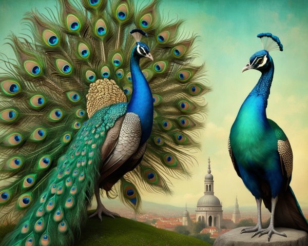 Vibrant Peacocks Display Iridescent Plumage in Nature