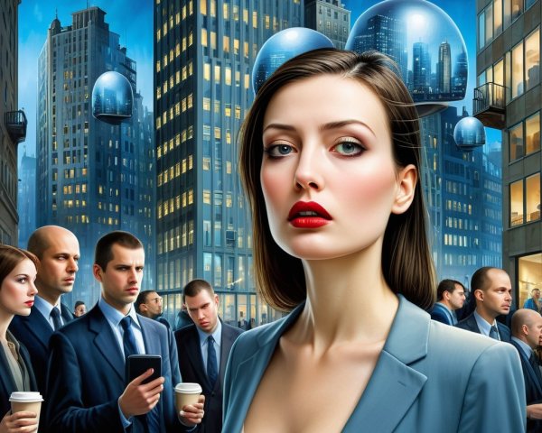 Surreal Urban Scene with Woman and Futuristic Domes