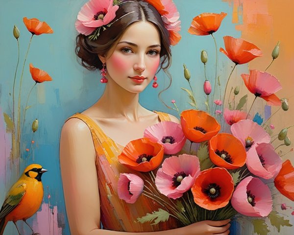 Young Woman with Floral Bouquet and Colorful Bird