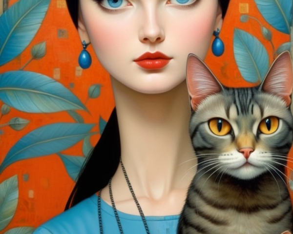 Portrait of Woman with Cat Features and Two Cats
