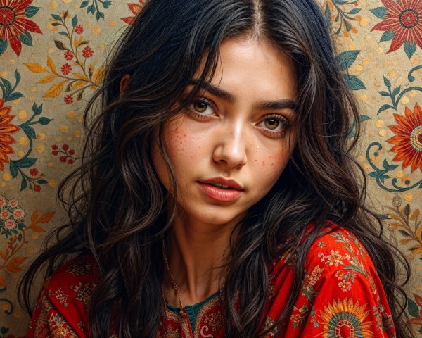 Young Woman Posing Against Floral Backdrop