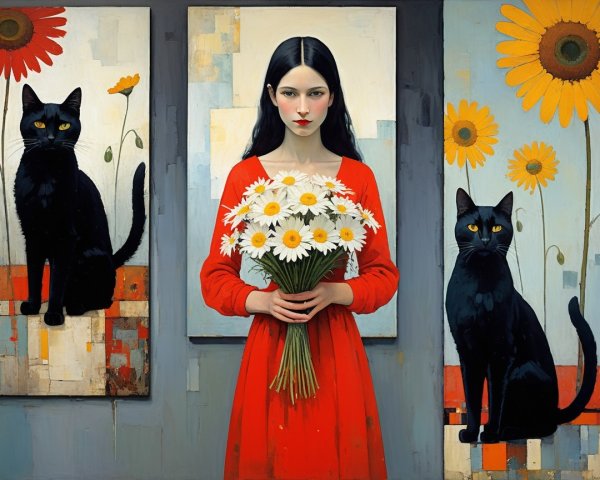 Young woman in red dress with black cats and daisies