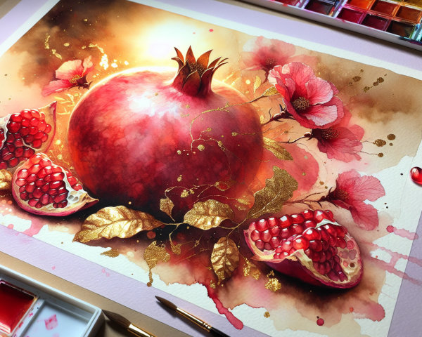 Vibrant Pomegranate Surrounded by Pink Flowers and Leaves