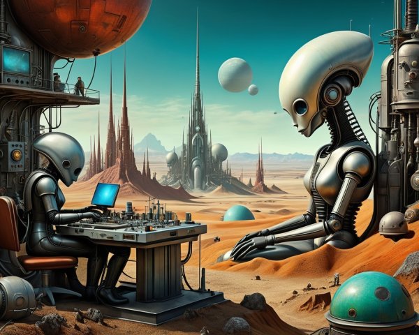 Advanced Robots in a Surreal Alien Landscape