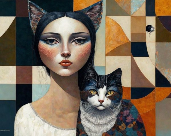 Surreal Portrait of Woman and Cat with Dreamlike Elements