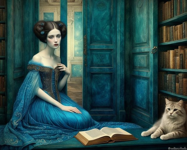 Serene Woman in Blue Gown in Cozy Library Setting