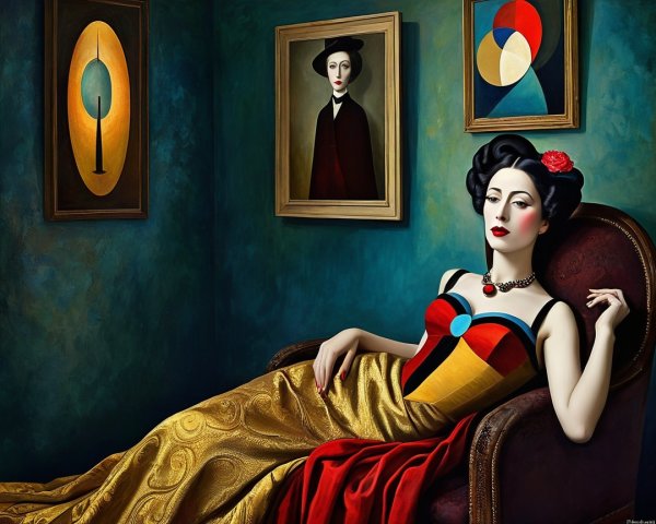 Elegant Woman in Colorful Gown on Velvet Chair