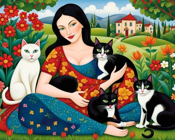 Serene Woman in Colorful Gown with Cats in Garden